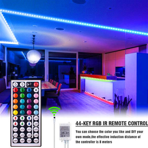

Plastic 150-LED 12V-5050RGB IR44 Dimmable Light Strip Set with IR Remote Controller Top-grade material LED Strips(White Lamp Plate)