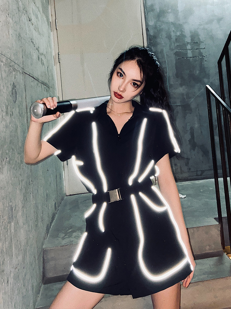 

2021 New Women Romper Outfits Set Bodycon Club Modern Ladies Reflective Stripes Patch Jumpsuit Streetwear Elg5, Black