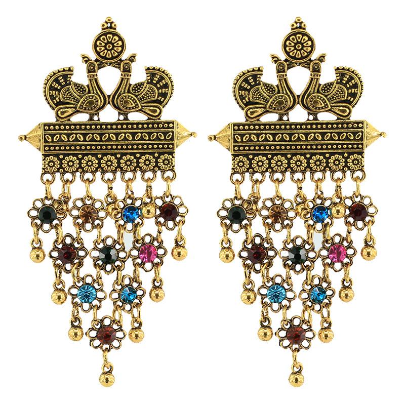 

Dangle & Chandelier Gold Jhumka Earrings For Women Ethnic Double Peacock Bells Long Tassel Earring Pendientes Statement Gypsy Tribal Jewelry