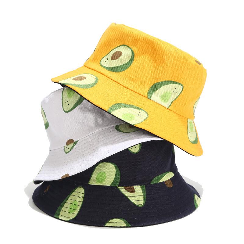 

Fresh Avocado Print Bucket hat For women Men summer outdoor travel visor fisherman hat double-side beanies, White