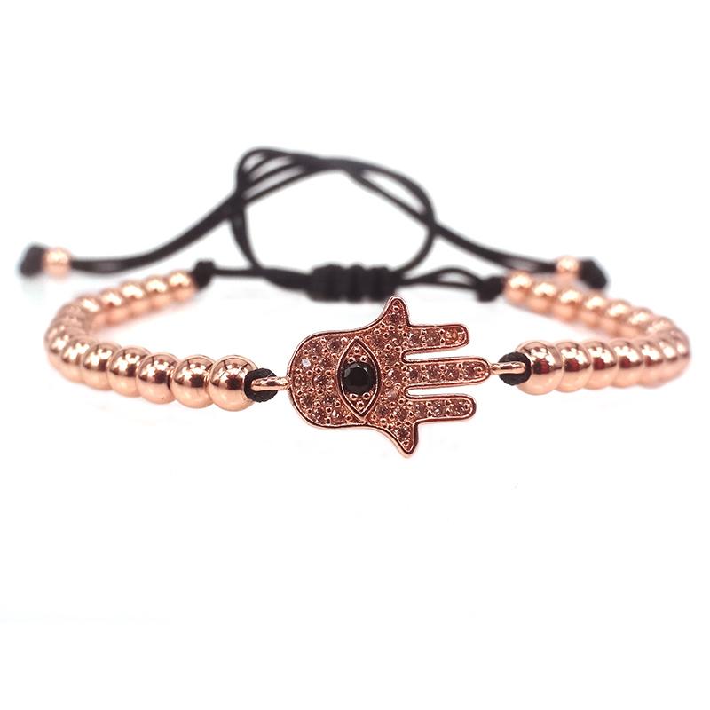 

Rose Gold Men Hamsa Hand Bracelets,Micro Pave Champagne CZ Evil Eye Connector Braided Macrame Bracelet For Men Women Jewelry