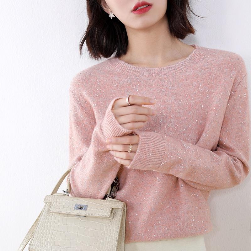 

Hot Sale With SEQUINS Sweaters Women 100% Wool Knitted Oneck Pullovers 2021 Winter 7Colors Standard Jumpers Female Tops, As picture3
