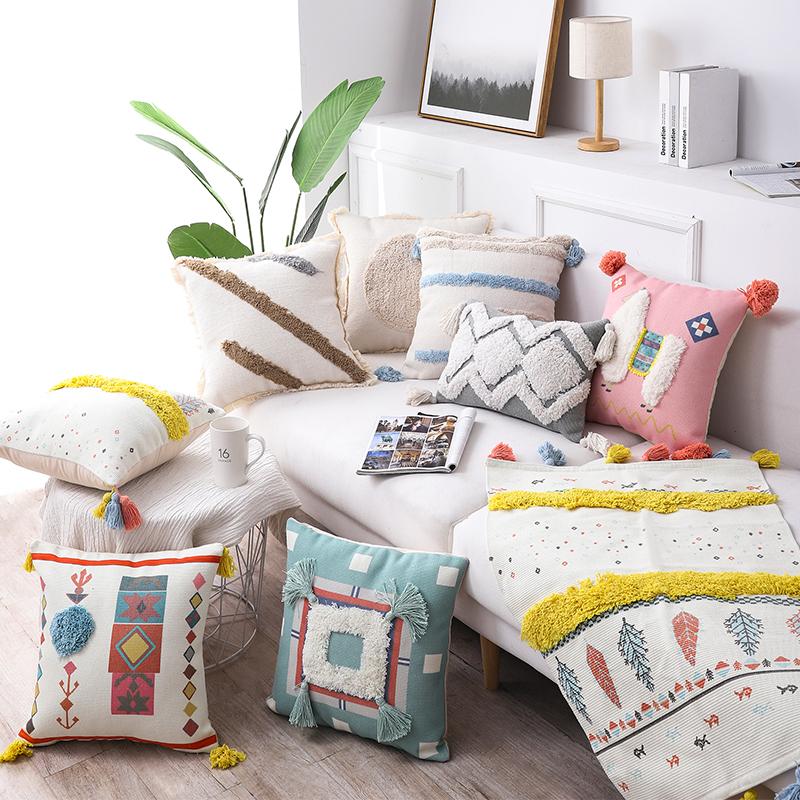 

Nordic Pillow Cushion Cover Light Luxury Tassel Hug Pillowcase Living Room Sofa Bedside Bed Lumbar Pillow Removable and Washable, 30cmx50cm