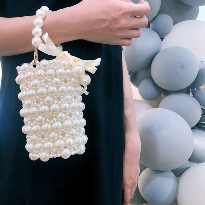 

Luxury Big Pearl Bucket Bag Women Chic Handmade Clear Beading Evening Clutch Purses And Handbags Ladies Messenger Bags Dinner, Sky blue