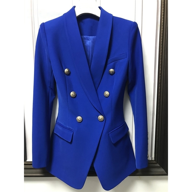 

HIGH QUALITY New Fashion Designer Classic Blazer Jacket Women' Double Breasted Lion Buttons Shawl Collar Long Blazer 201114, Blue