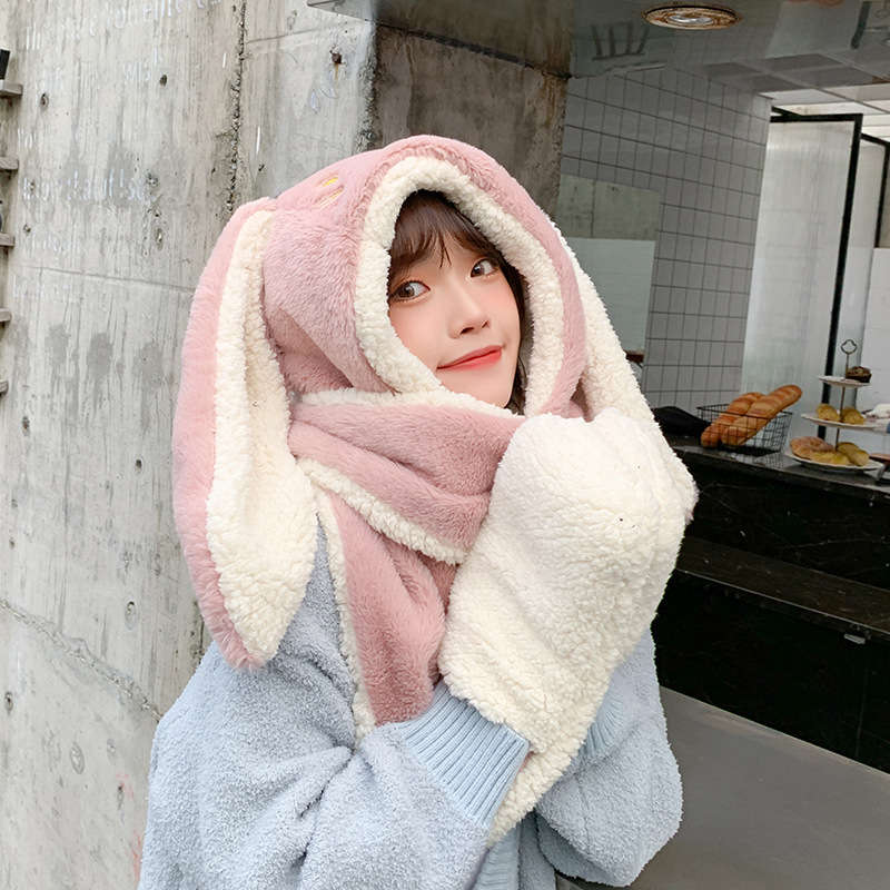 

Rabbit hat woman autumn winter sweet cute plush ear muffin scarf hooded integrated gloves thickened and warm