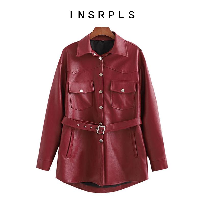 

INSRPLS Women Fashion With Belt Faux Leather Jacket Coat Vintage Long Sleeve Pockets Female Outerwear Chic Tops, As picutre