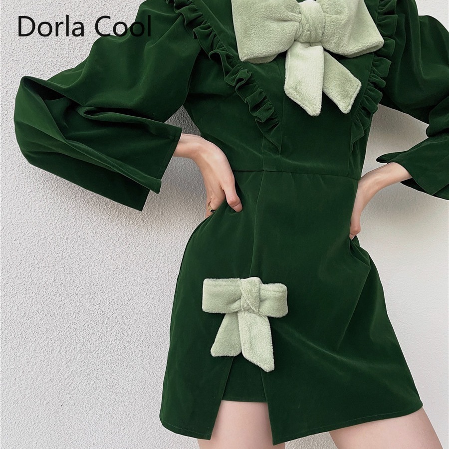 

New Thin Retro Female Designer Mini Big Solid Bow Green Persona Party Dress Lady Frilly T5uk
