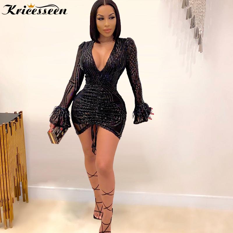 

Kricesseen Sexy Black Sequined Deep V Neck Mini Dress New Women Feather Flare Sleeve Bodycon Drawstring Party Clubwear Dresses