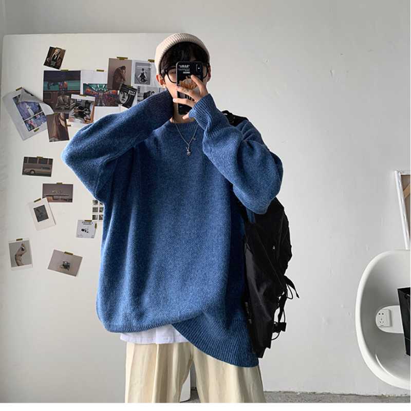 

Autumn Winter Men Sweater Soild Color Fashion Long Sleeve Round Neck Casual Male Plus Velvet Basic Shirt Kintted Pullovers Tops, Black