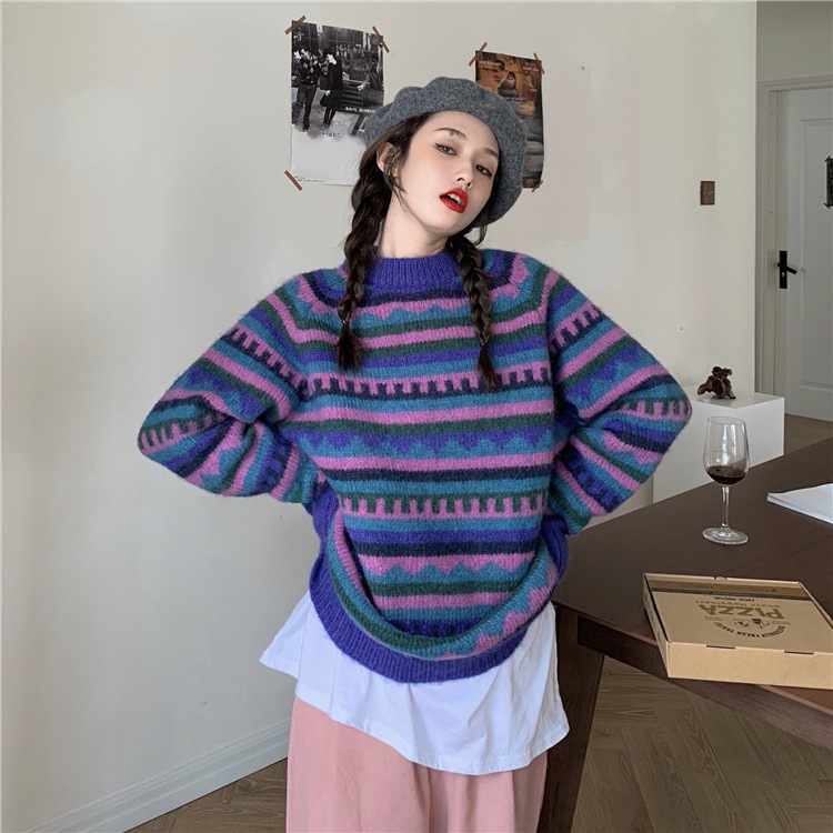 

2020 winter new loose outer wear thick striped sweater top retro style sweater Sports and Entertainment, Like picture