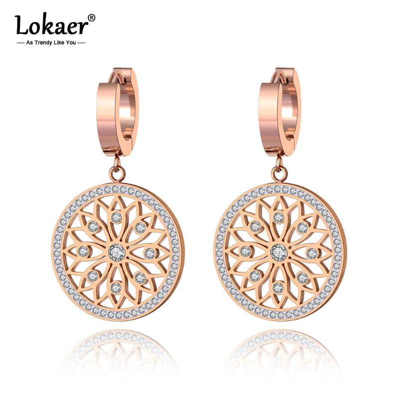 

Lokaer Original Design Stainless Steel Flower Rattan Disc Earrings Jewelry Trendy CZ Crystal Hoop Earrings For Women Girl E19269