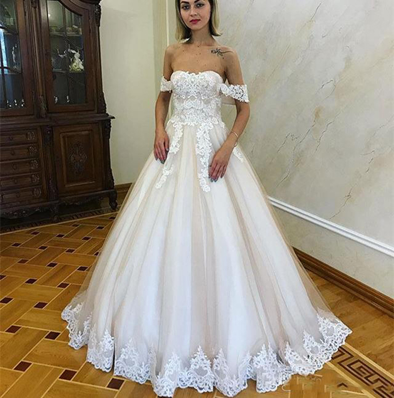 

Off Shoulder A LineLace Wedding Dresses with Appliques Court Train Cap Sleeves Lace Up Plus Size Bridal Gowns, Ivory