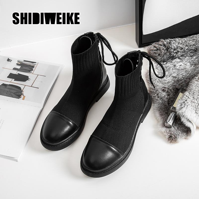 

Women Knit Stitching Ankle Boots PU Stretch Boot Fashion Riding Female Autumn Winter Black High Stretch Fabric v885, Black fur