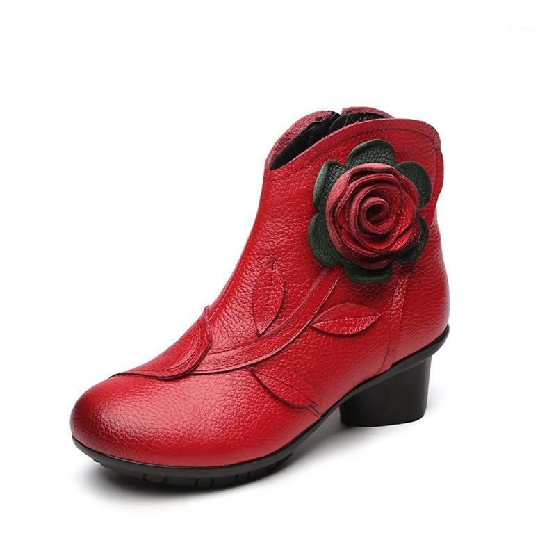 

Womens Genuine Leather 3D Flowers Carved Ankle Boots Block High Heel Cowboy Western Shoes Warm Winter 3Colors New 2021, Autumn styles