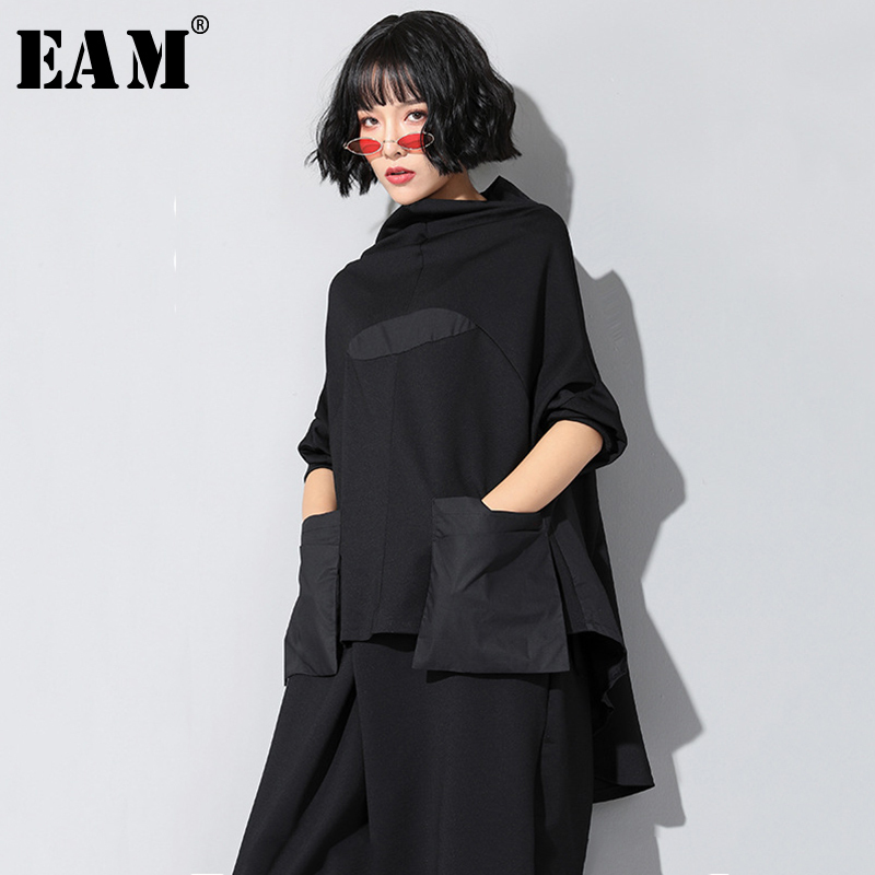 

[EAM] New Spring Autumn High Collar Long Sleeve Black Loose Pocket Stitch Irregular Hem Big Size T-shirt Women Fashion JQ018 201125