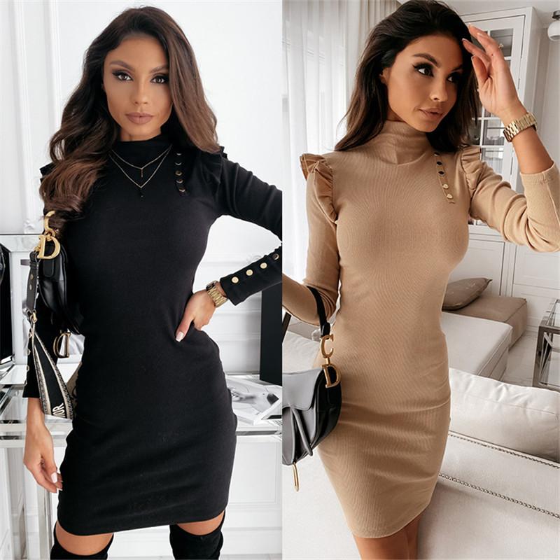 

Sexy Elegant Women Mini Dress Winter 2020 Turtleneck Rivet Bodycon Mini Dress Plus Size 3XL, Black