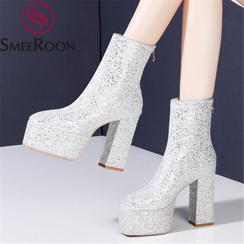 

Smeeroon 2020 New hot sale ankle boots for woman sexy high heels square toe platform ladies party shoes winter women boots, Black