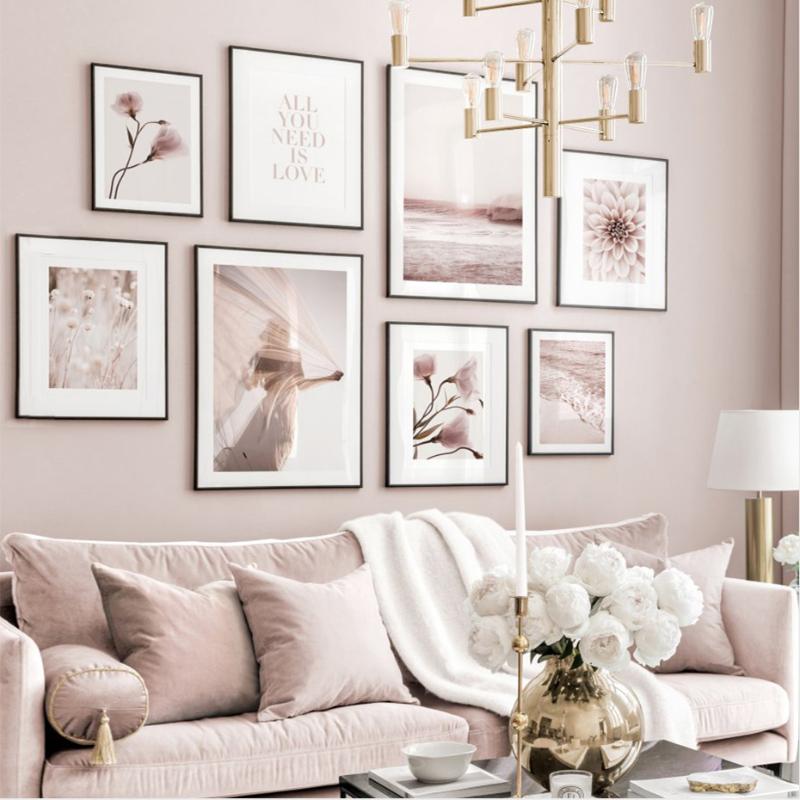 

Modern Pink Blooming Flower Love Beach Hazy Poster Canvas Painting Wall Art Prints Picture Living Room Home Interior Decoration