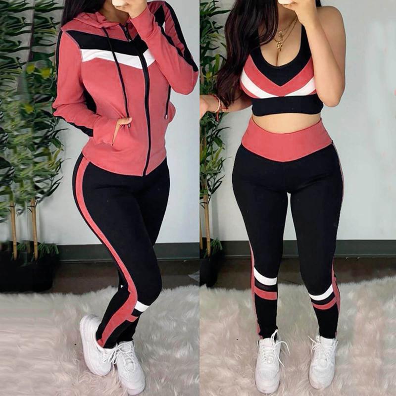 

Women' Sets Spliced Hooded Vest Leisure Sports Suit 3-piecesuits Leggings Fitness Suit Workout Sportswear Running Set #T1G, Red