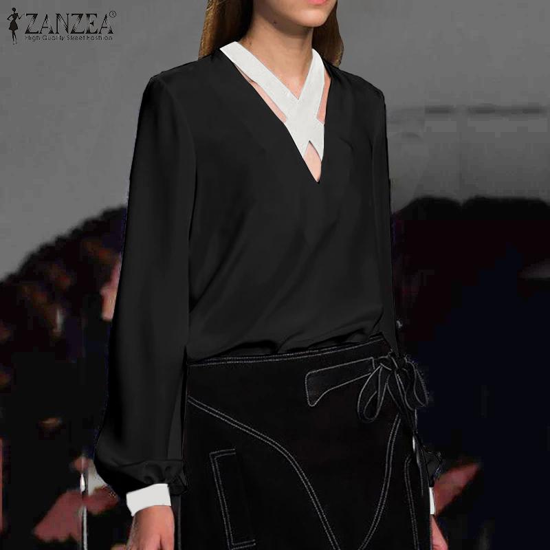 

ZANZEA Women's Chiffon Shirts 2021 Spring Kaftan Casual Blouse Long Sleeve Blusas Female Patchwork Tunic Plus Size Tops Shirts 7, Black