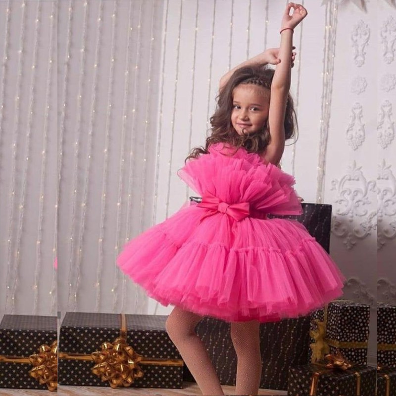

Sweet Flower Girls Dresses Fuchsia Tiered Bow Sash Tulle TUTU Girls Pageant Dress Short Kids Birthday Gowns Real Images Communion Gown, White;blue