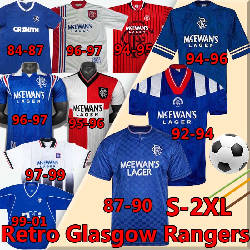 

Glasgow Rangers Retro soccer jerseys 1984 87 90 92 93 94 95 96 97 99 2001 02 03 Home Blue Away Third vintage Classic football shirt Uniform, Black;yellow