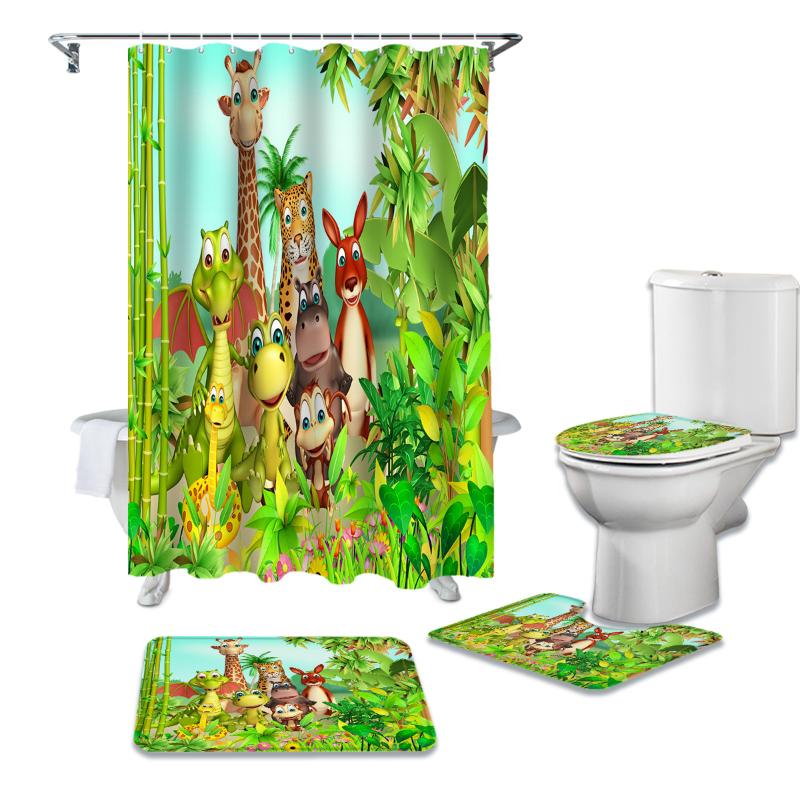 

Bathroom Shower Curtain and Rug Sets Cartoon Jungle Animals Forest Green Toilet Lid Cover Bath Mat Waterproof Shower Curtains