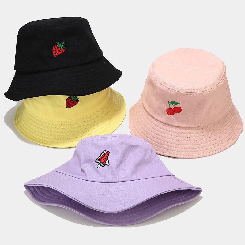 

Summer Fruit Cotton Fisherman Hat,Cherry Embroidery Outdoor Travel Sun Visor,Fashion Strawberry Embroidery Foldable Hat,56-58cm, Beige strawberry