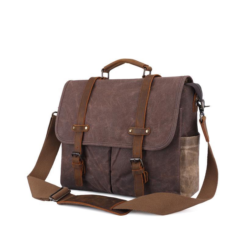 

New Crazy Horse Leather Men's Bag Men's Shoulder Bag Oil Wax Canvas Waterproof and Wearable Computer Messenger, Beige