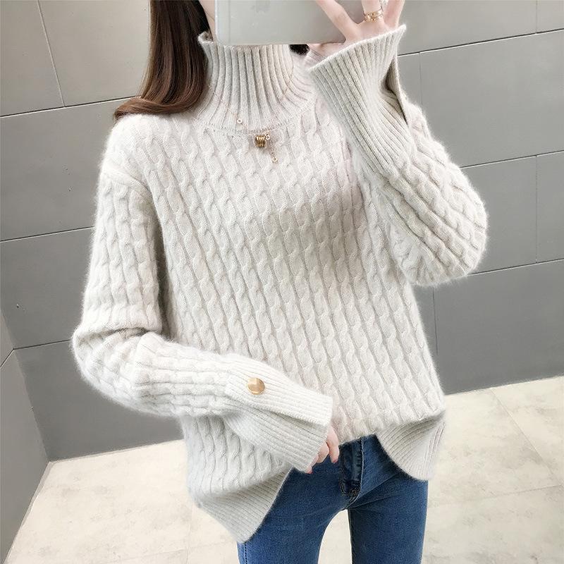 

New Autumn And Winter Ladies High Neck Twist Sweater Ladies Loose Outer Wear Fashionable Inner Wear Solid Color Base Shirt, Rose red