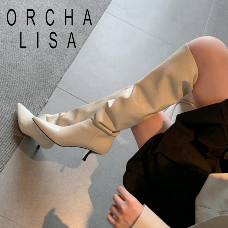 

ORCHA LISA New 2021 Ladies Women Knee Boots Pointed Toe 7cm Stiletto Heels Genuine Leather Soft Sexy Size 33-43 Winter A3441, White velvet