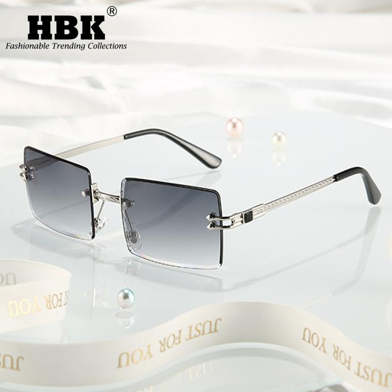 

Sunglasses HBK Fashion Square Rimless Women Men Rectangle Gray Shades Sun Glasses Design Metal UV400 Eyewear