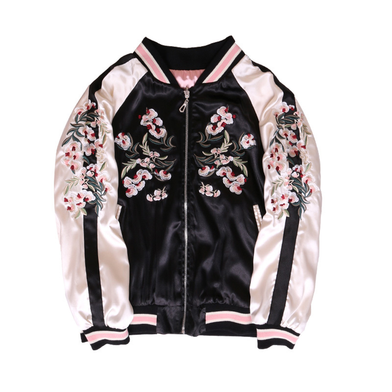 

fall new Spring soft woman cherry blossom cerasus flowers embroidered two sides wear yokosuka baseball jacket jackets ZB68, White long sleeve.