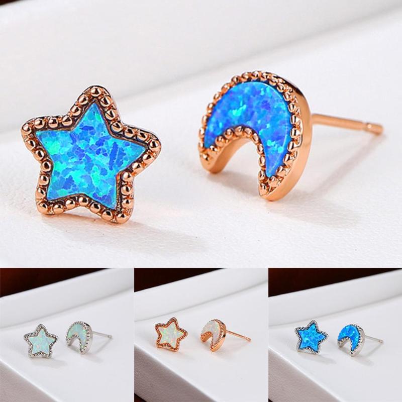 

Charm Female Blue Opal Asymmetrical Earrings Rose Gold Silver Color Stud Earrings For Women Trendy Star Moon Wedding