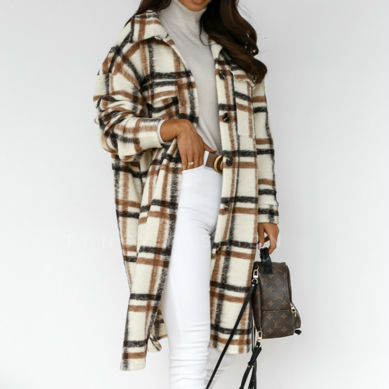 

2021 New Women' Wool Jacket Single Plaid Breasted Loose Pockets Long Stylish Jackets Warm Winter Clothes for Women B549, Gray.