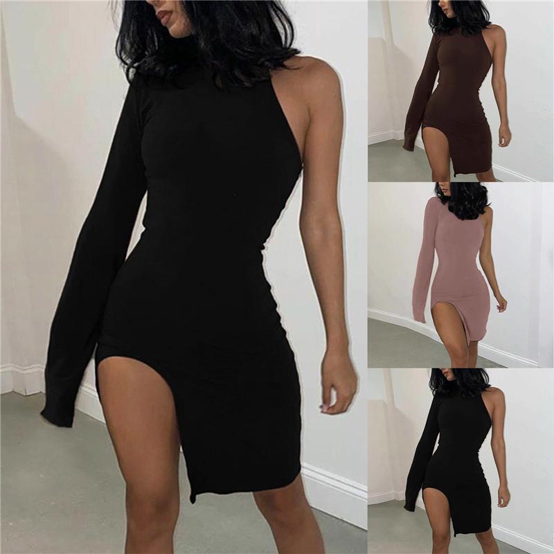 

One Shoulder Long Sleeve Women Bodycon Party Dresses Side Slit Autumn Fashion Sexy Skinny Clubwear Mini Dress Solid Hot, Black;gray