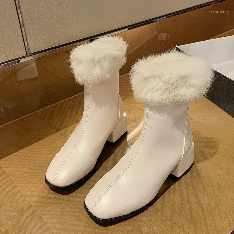 

Women's Shoes Autumn Short Fur Bootie European New Fashion Velvet Lining Chunky Heel Winter Ankle Boots Square Toe1, Beige