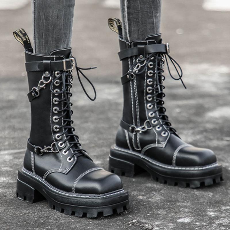 

Women 41 Plus Size Punk Motorcycle Boots Women Leather Boots High Top Platform High Heel Shoes Gothic Autumn Spring New, Black