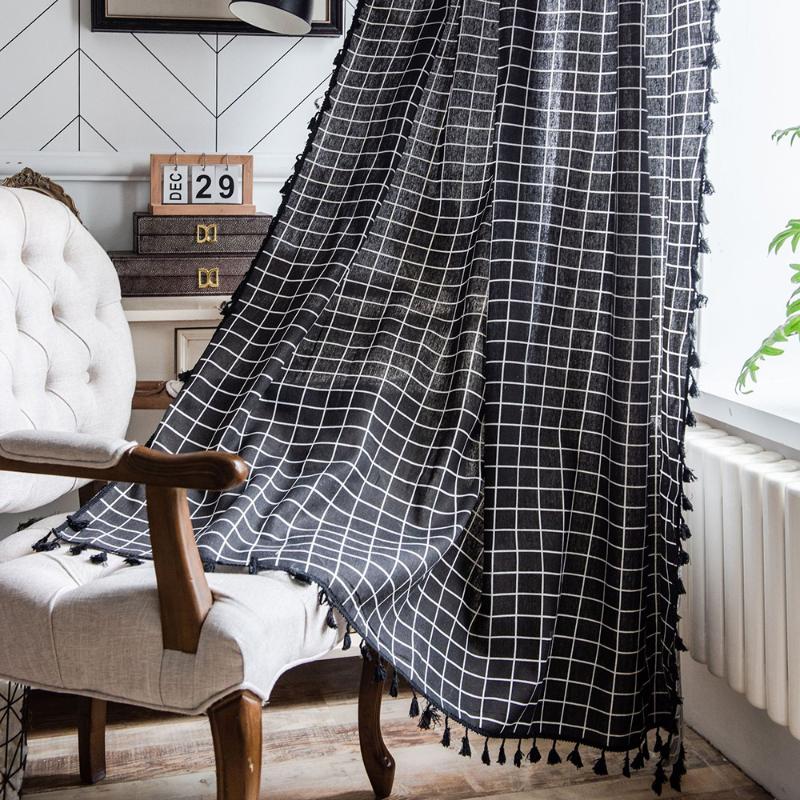 

Black Plaid Curtain With Tassel For Living Room Blinds French Windows Cotton Semi Blackout Finished Curtains, As pic