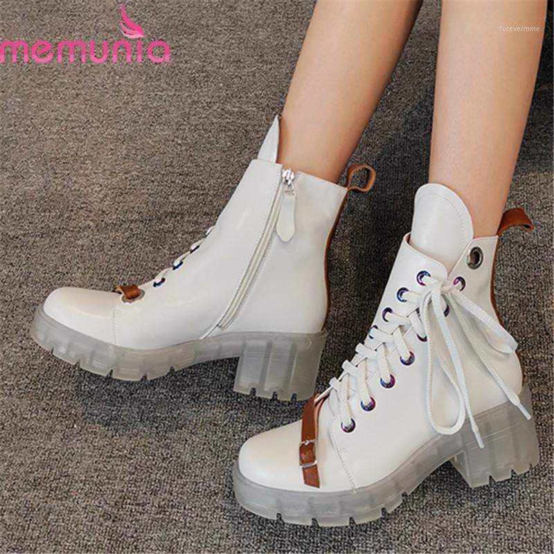 

MEMUNIA 2020 New arrival classic women boots square heels platform ladies shoes genuine leather ankle boots black white1