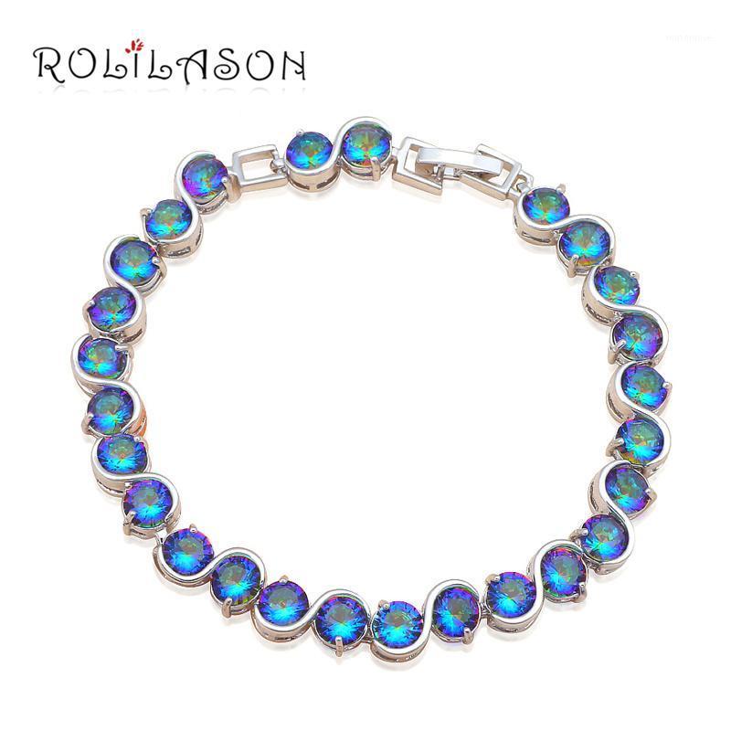 

ROLILASON Round Rainbow Zircon Design Charm Bracelets for Ladies silver color Health Fashion jewelry for Party TB8881