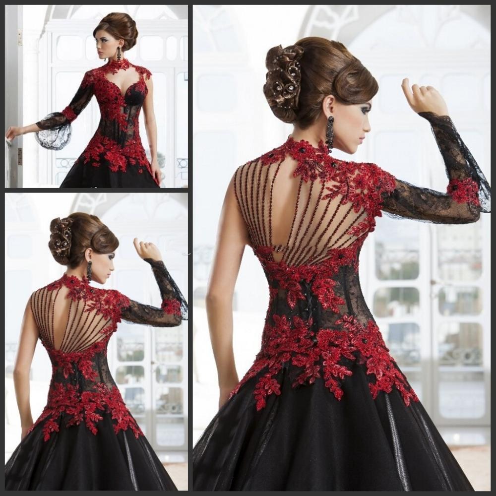 Gothic Black And Red Wedding Dresses 2021 High Neck One Long Sleeve Beading Appliques Lace Vintage Retro Garden Country A Line Bridal Gowns