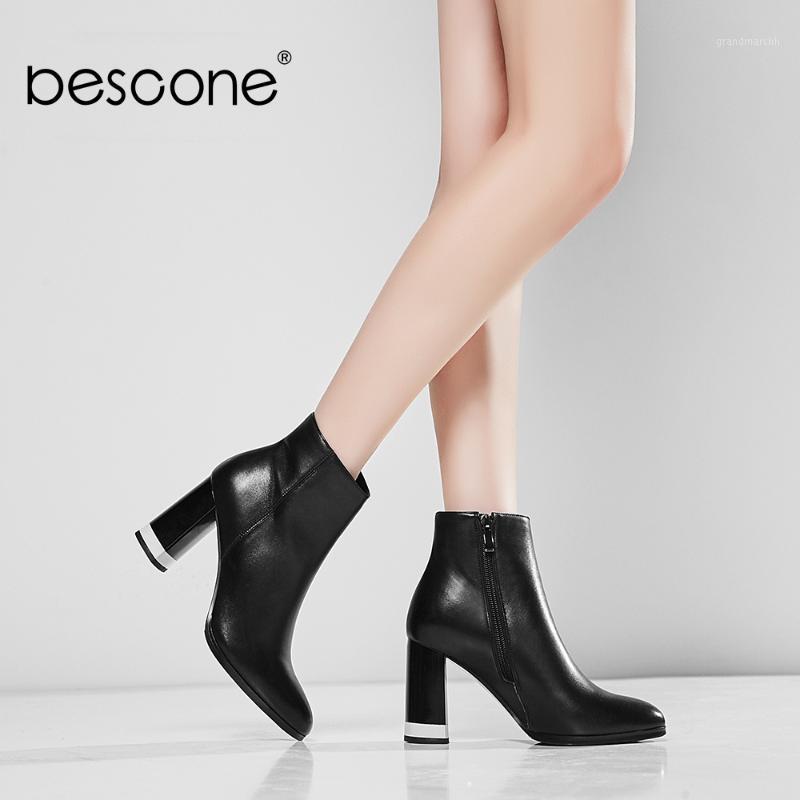 

BESCONE Woman Ankle Boots Sexy Pointed Toe Kid Suede Square Heel Handmade Shoes New Basic Solid Outside Zipper Ladies Boots B671, Black