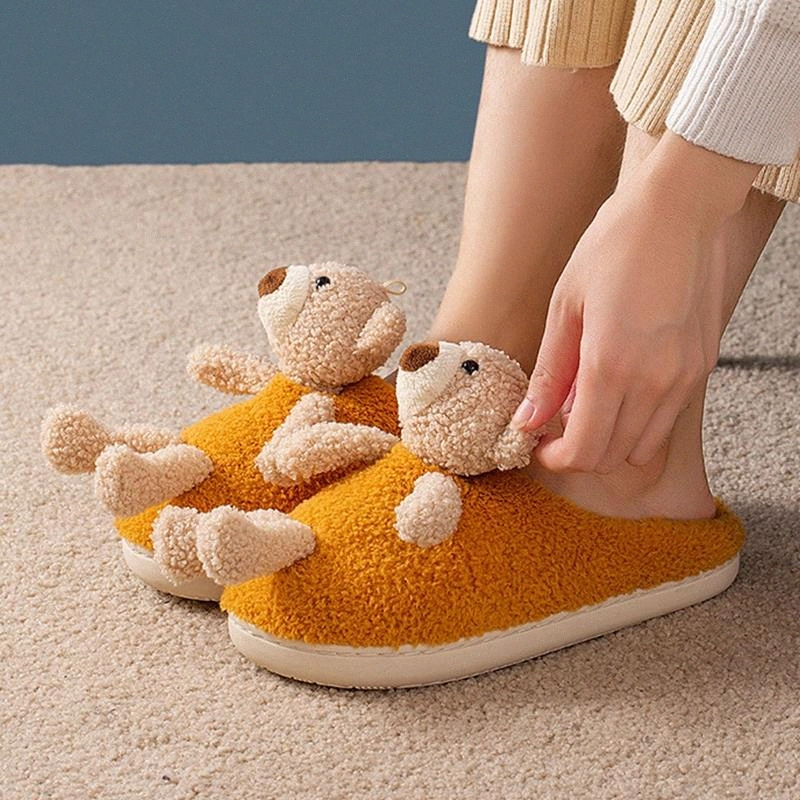 

3D Cartoon Bear Home Women Fur Slippers Winter Warm Plush Bedroom Ladies Flat Shoes Comfortable House Couples Furry Slippers #dT2l, Black