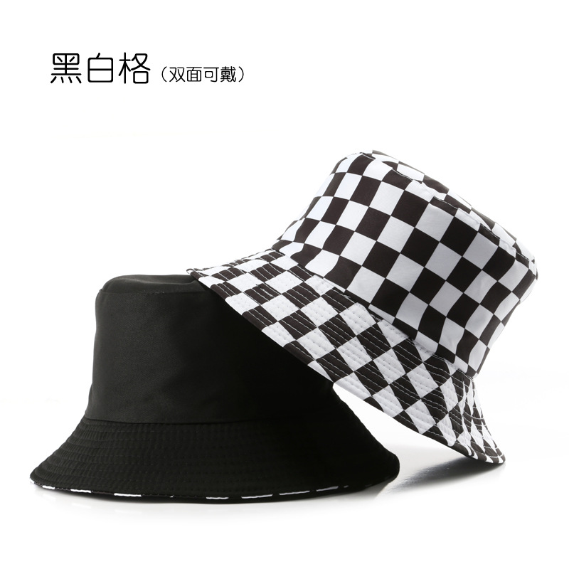

Korean Style Japanese Style Womens Spring and Autumn Fashion Personalized Chessboard Grid Bucket Hat Outdoor Sports Travel Sun Protection Su, Black and white grid