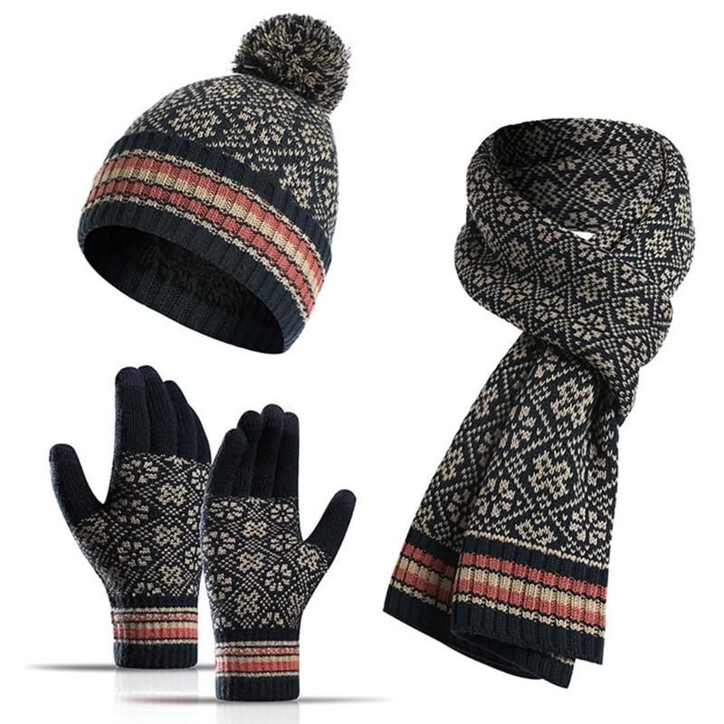 

Unisex Winter 3Pcs Pompom Beanie Hat Long Scarf Touch Screen Gloves Set Geometric Floral Jacquard Plush Lined Skull Cap