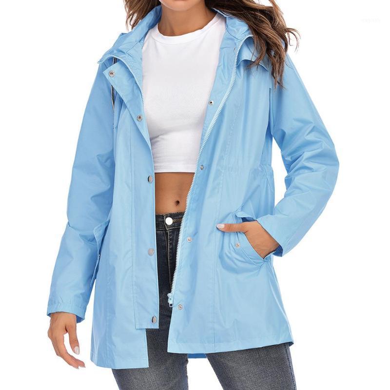 

8 Colors Women Zipper Mid-length Waterproof Hooded Jackets Plus size Female Outdoor Windproof Raincoat with Pocket For 20201, Black