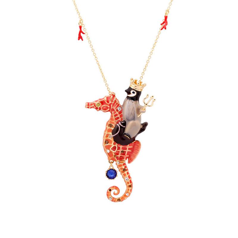 

European and American fashion jewelry Poseidon Triton series crown penguin riding seahorse gemstone necklace sweater chain