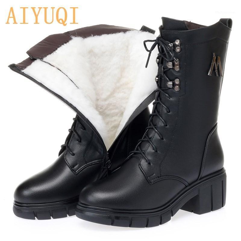 

AIYUQI Women's Boots Winter 2020 New Genuine Leather Women Mid-boots Wool Warmth Thick Heel British Boots Ladies1, Black wool